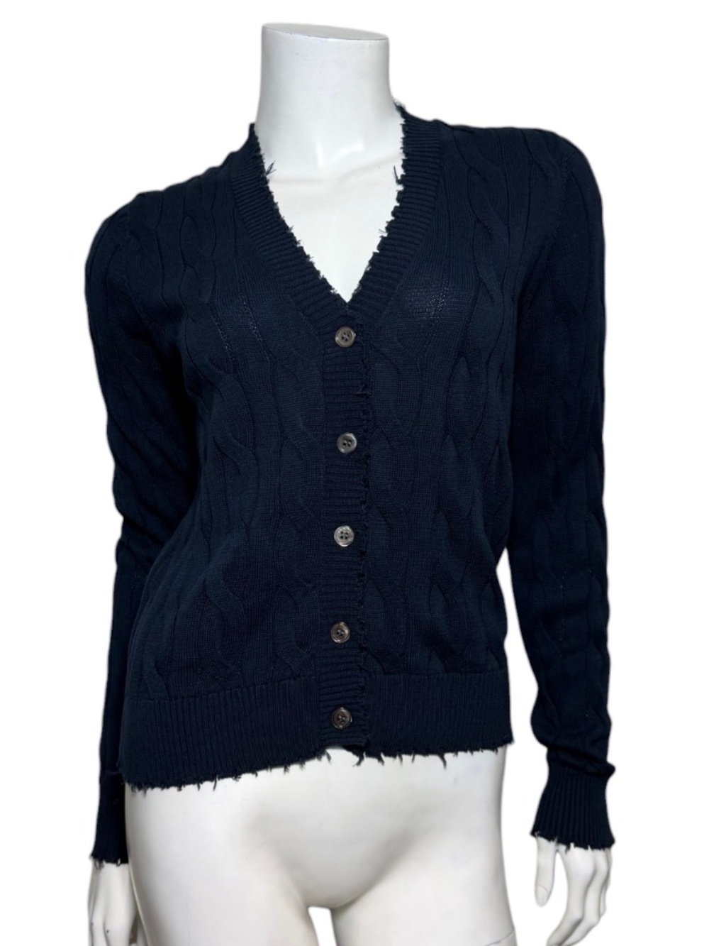 NWT MINNIE ROSE Cotton Frayed Cable Cardigan Navy Blue Button Down XS $196
